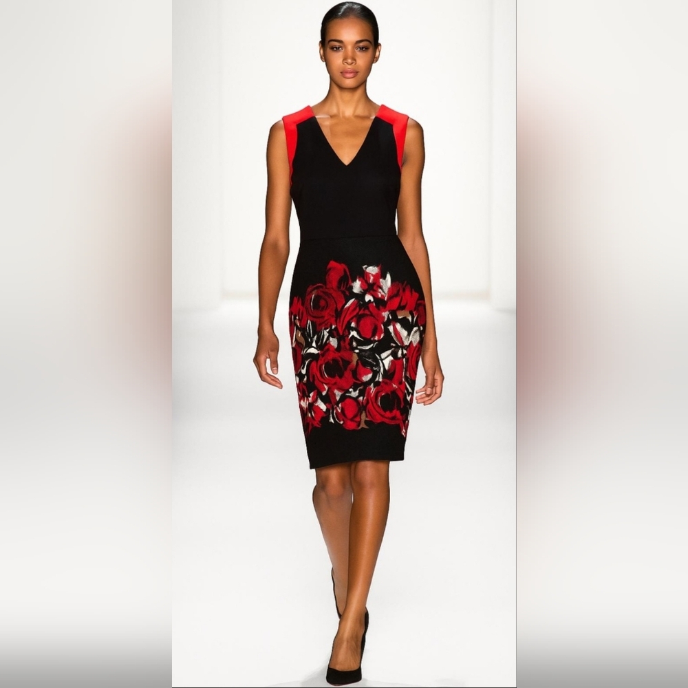 Karl Lagerfeld Paris Sheath Cocktail Dress Faux Suede Satin Trim Floral Size 10